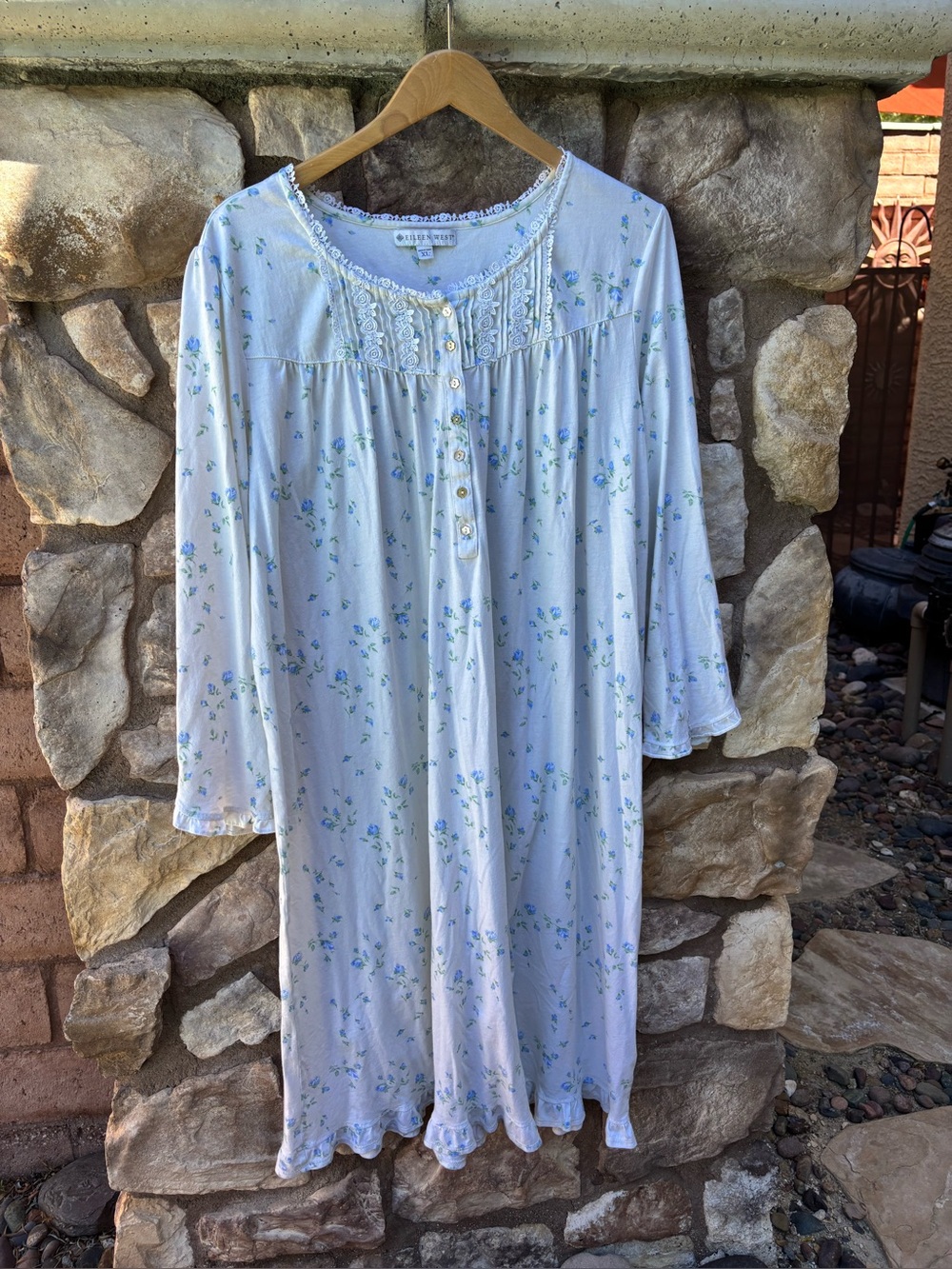 Eileen West Blue Floral Long Sleeve Nightgown Lace Trim Knit Pajamas Dress